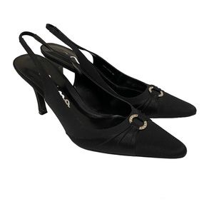 NINA Black Satin Slingback Mid-Heel Pumps with Rhinestone Details, Size 8.5